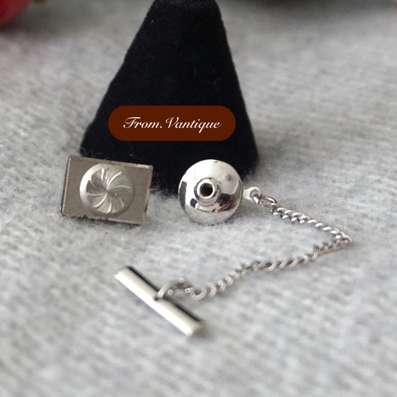 👔 VINTAGE Men Suit Silver Spiral Tie Clip with Chain 🔗 - Picture 2 of 6